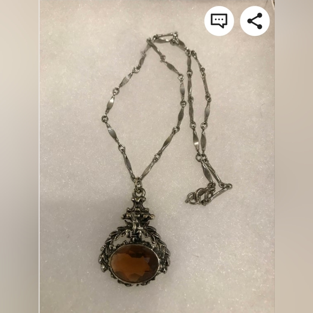 Vintage Gothic Like Necklace with Amber "Stone", Silver Toned Chain - Picture 6 of 6